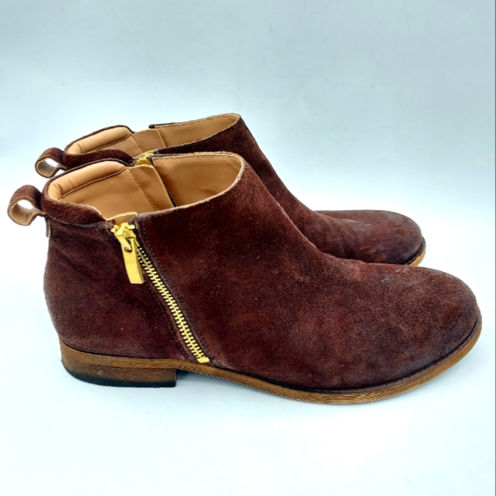 Franco Sarto Keegan Suede Ankle Booties Brown w/ Gold Zip Size 10 Eur 40